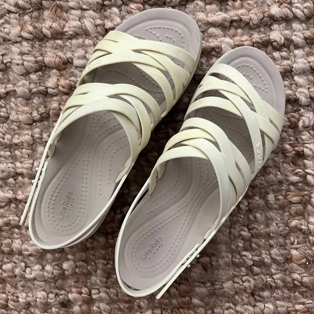 Crocs Brooklyn Strappy Low Wedge Sandals Womens 8 Cream LiteRide Platform